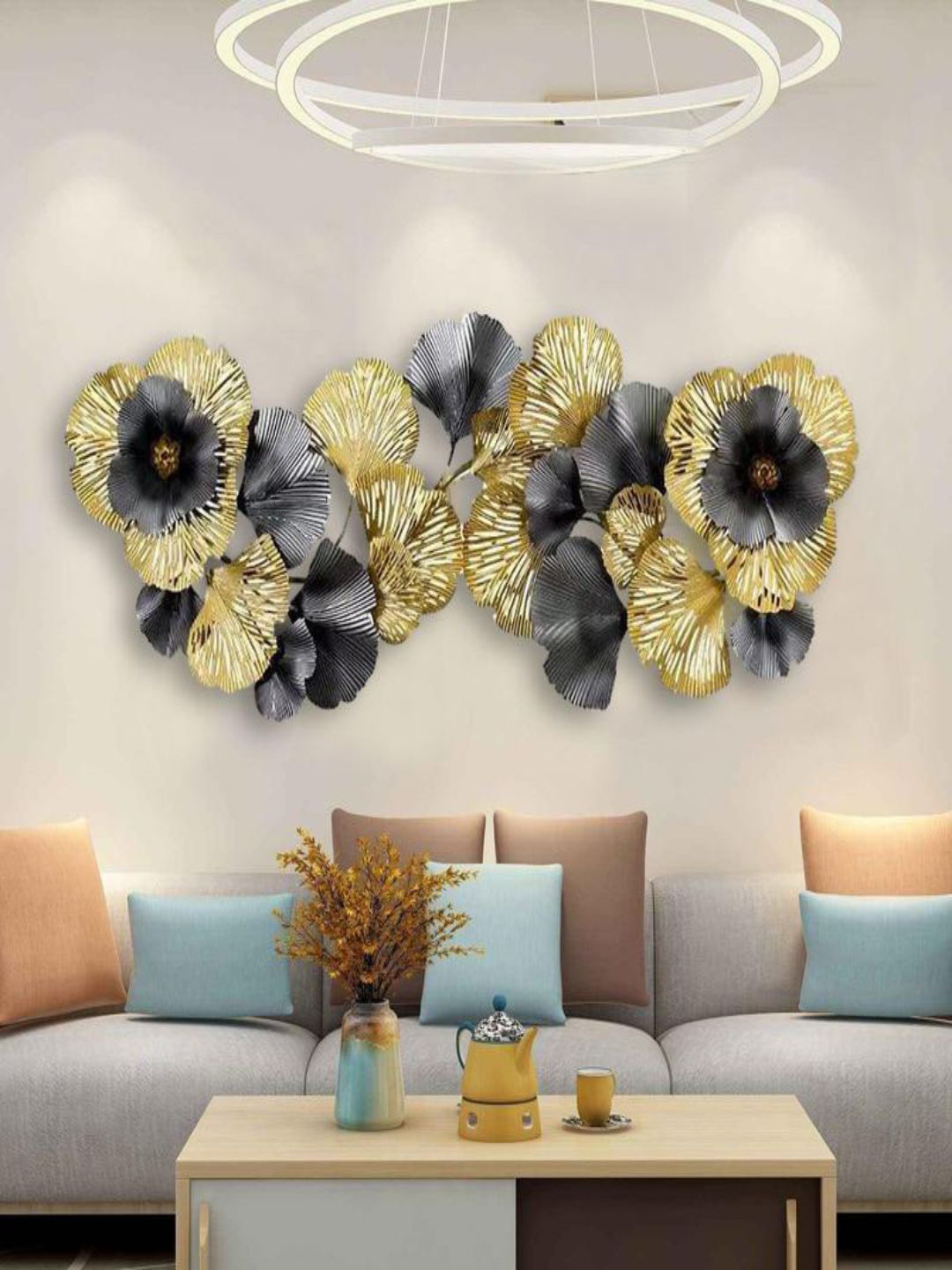 The Art House Black and Gold Wrought Iron Metal Glossy Hanging Hall Floral Wall Decor-21In