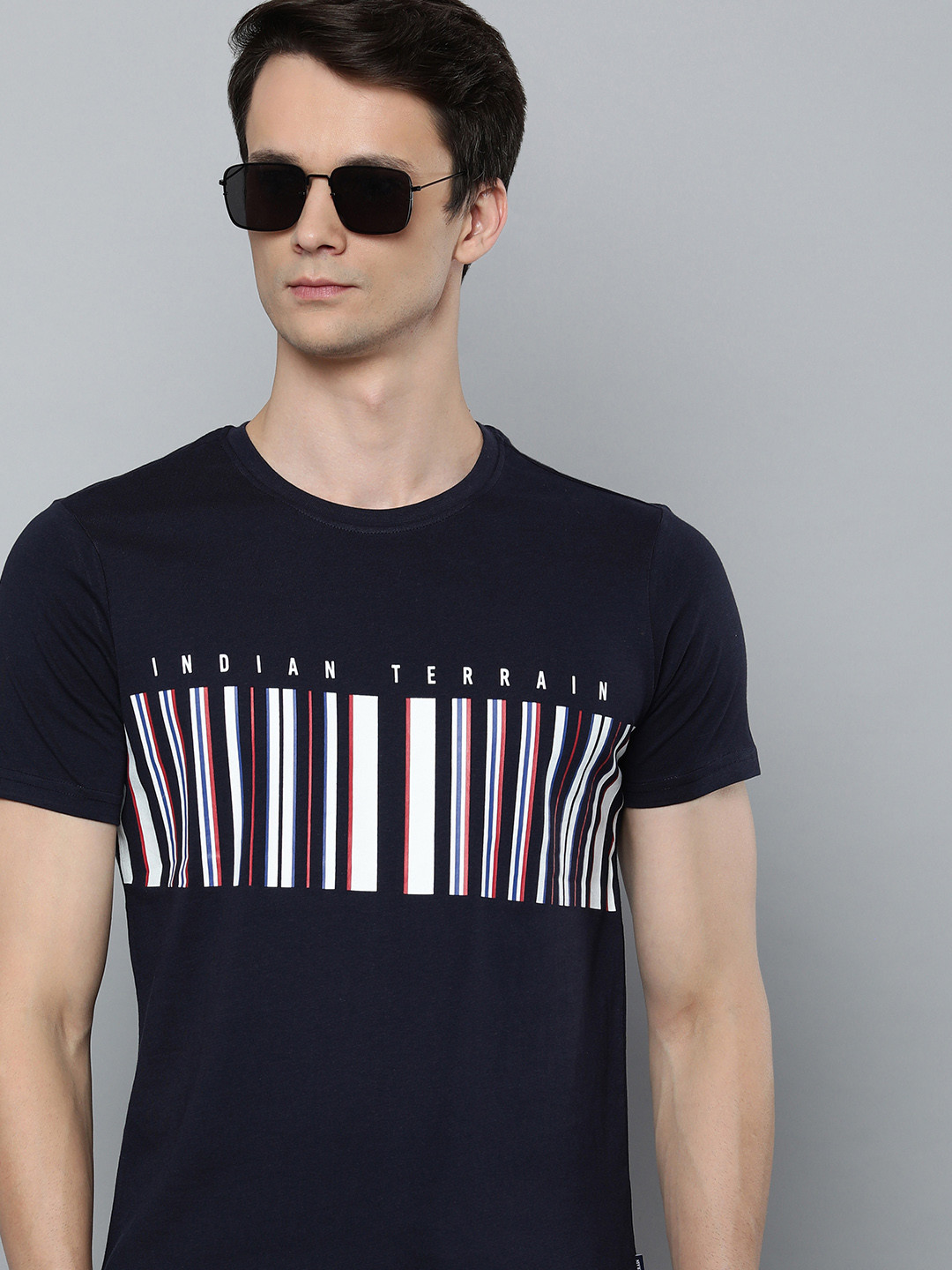 Indian Terrain Men Navy Blue Brand Logo Printed Pure Cotton Slim Fit T-shirt