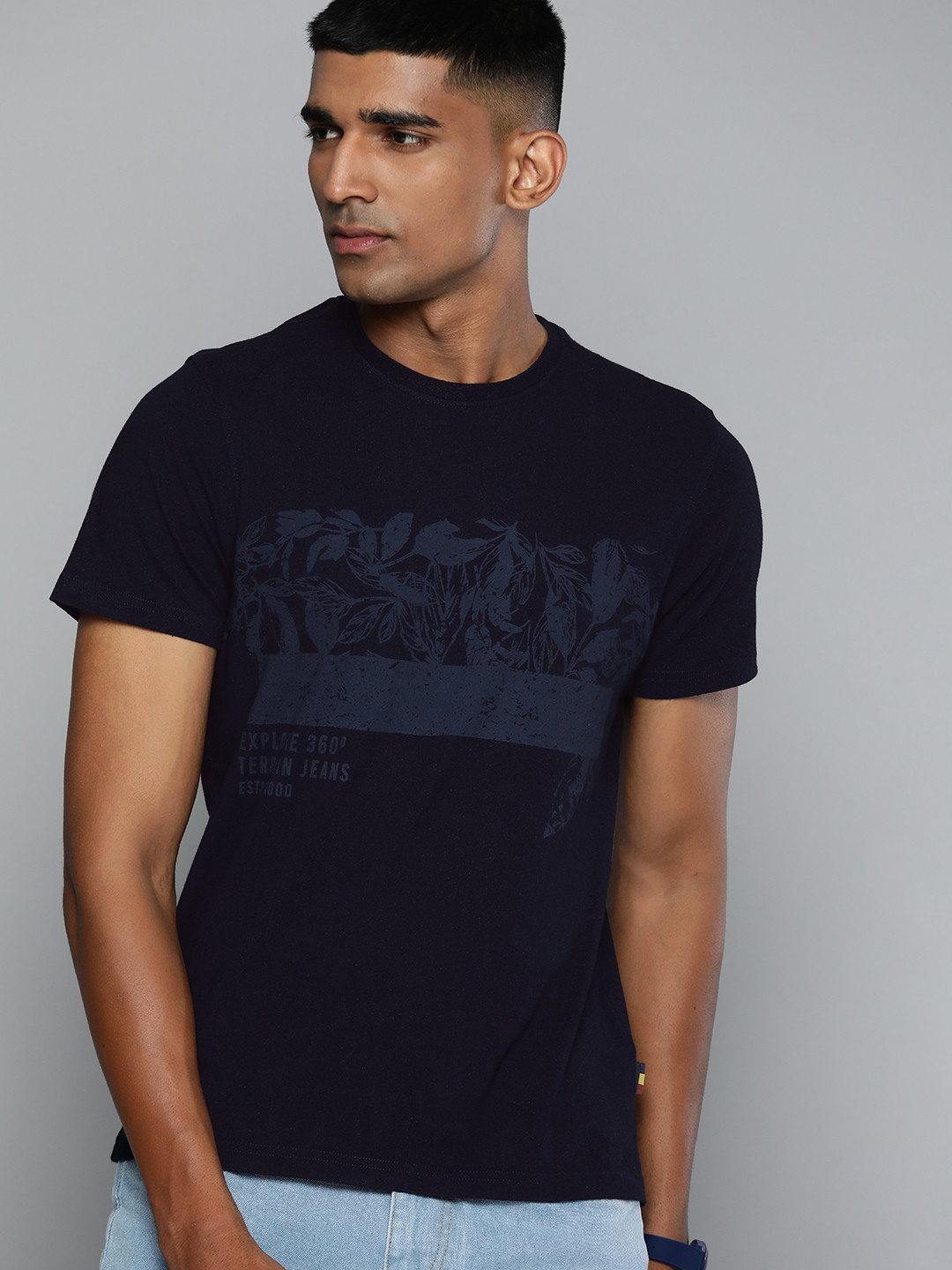 Indian Terrain Printed Pure Cotton Indigo T-shirt