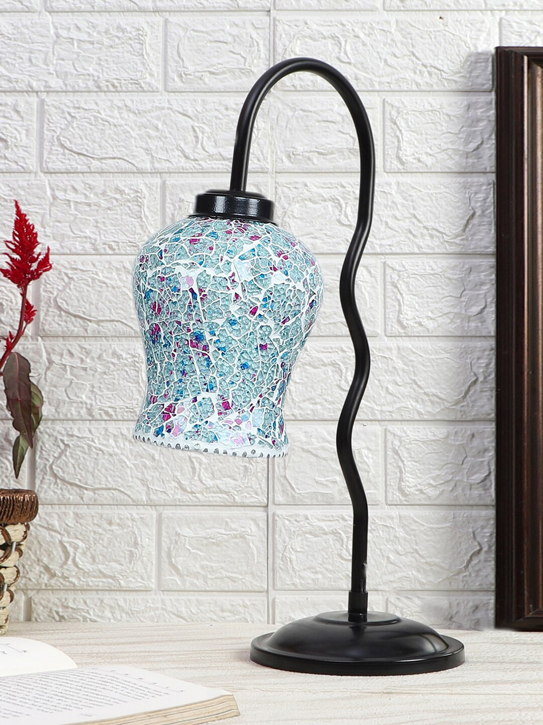 Devansh Black & Blue Printed Zig Zag Curvy Table Lamp With Mosaic Glass Lamp Shade