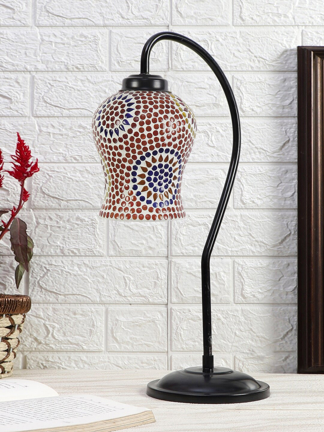 Devansh Black & White Printed Curvy Table Lamp With Mosaic Glass Lamp Shade