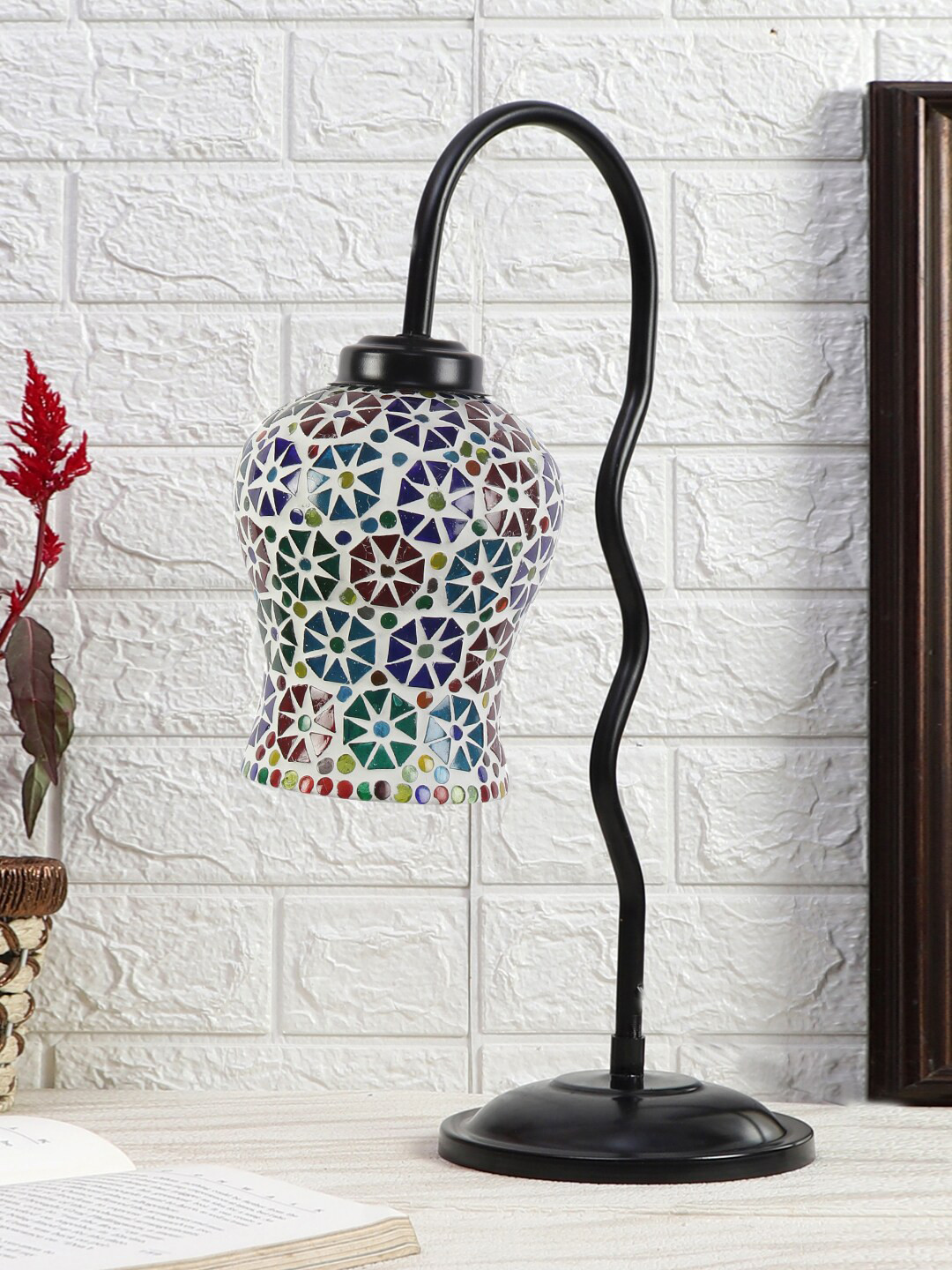 Devansh White & Blue Mosaic Printed Glass Zig Zag Curvy Iron Metal Table Lamp