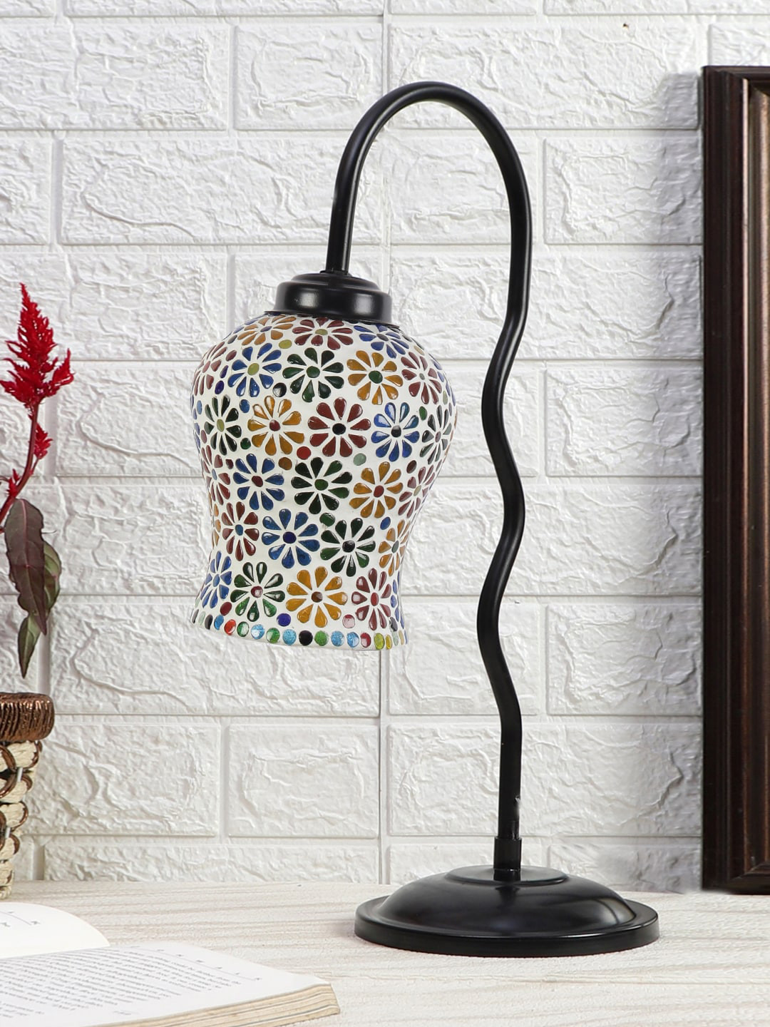 Devansh Black & White Printed Zig Zag Curvy  Table Lamp With Mosaic Glass Lamp Shade