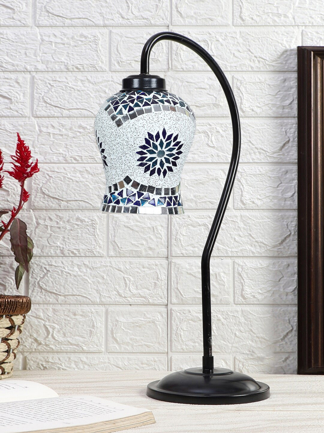 Devansh Black & White Printed Curvy Table Lamp With Mosaic Glass Lamp Shade