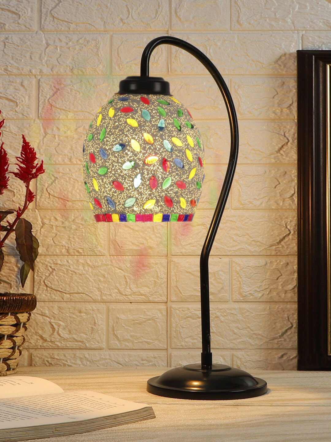 Devansh Black & White Printed Curvy Table Lamp With Mosaic Glass Lamp Shade