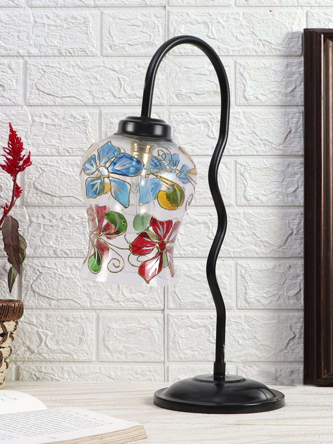 Devansh White & Blue Mosaic Printed Glass Zig Zag Curvy Iron Metal Table Lamp With Shade