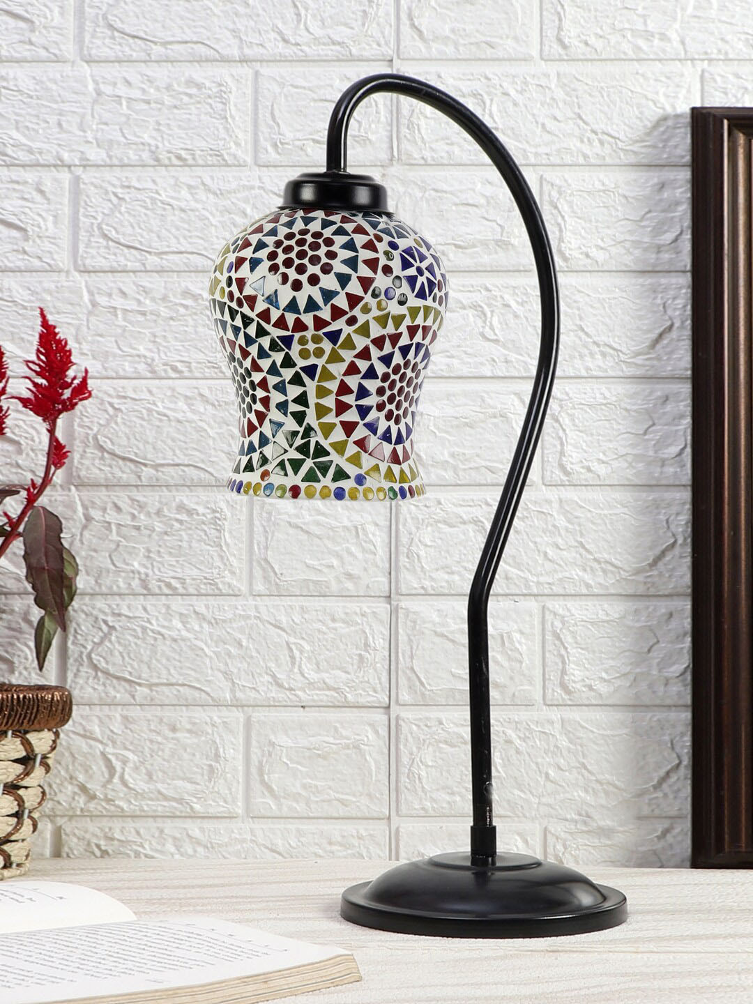Devansh White & Red Mosaic Design Glass Table Lamp With Iron Curvy Base