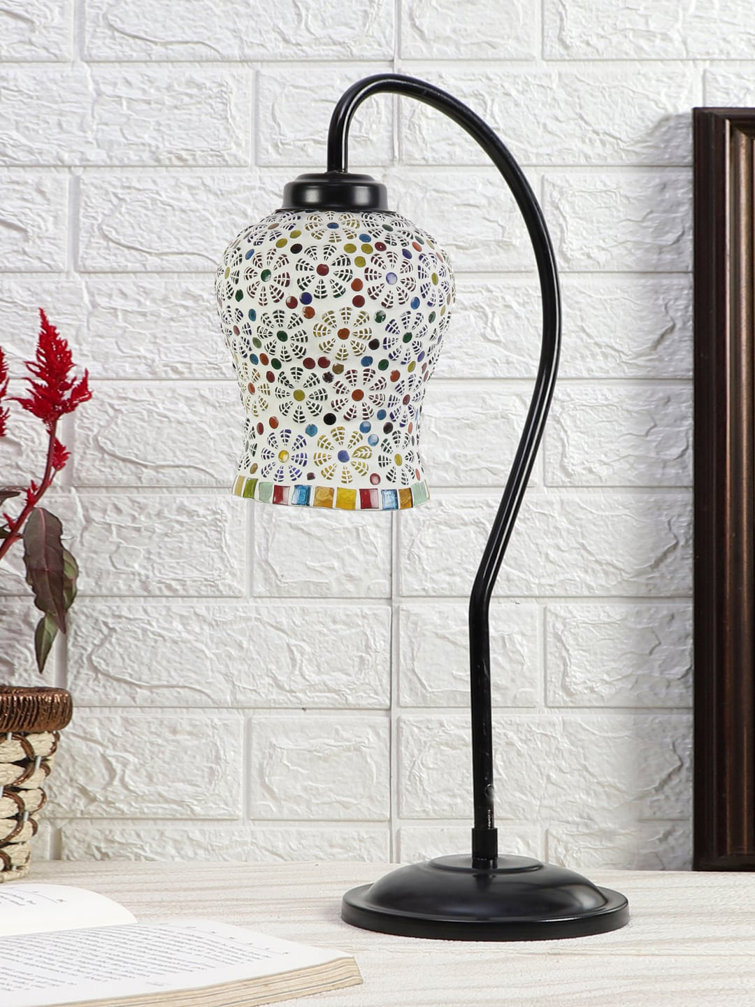 Devansh White & Yellow Mosaic Printed Glass Zig Zag Curvy Iron Metal Table Lamp