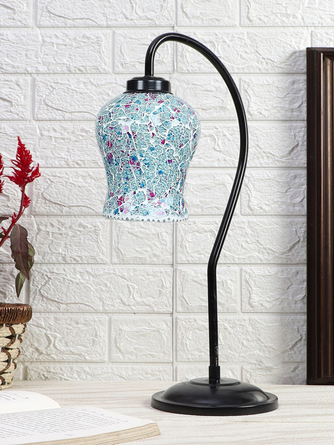 Devansh White & Blue Mosaic Design Glass Table Lamp With Iron Curvy Base