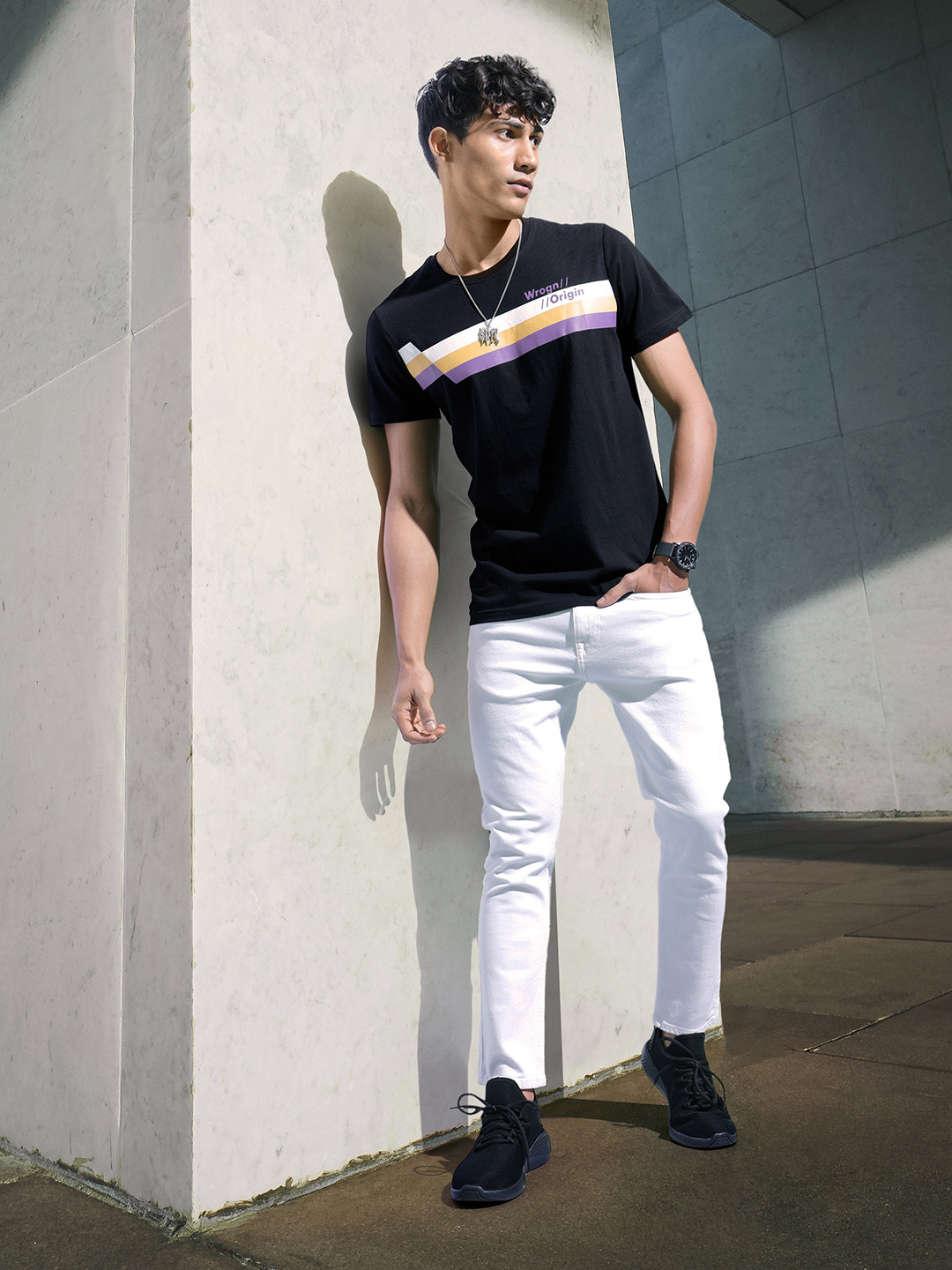 WROGN Striped And Printed Pure Cotton Slim Fit Casual T-shirt