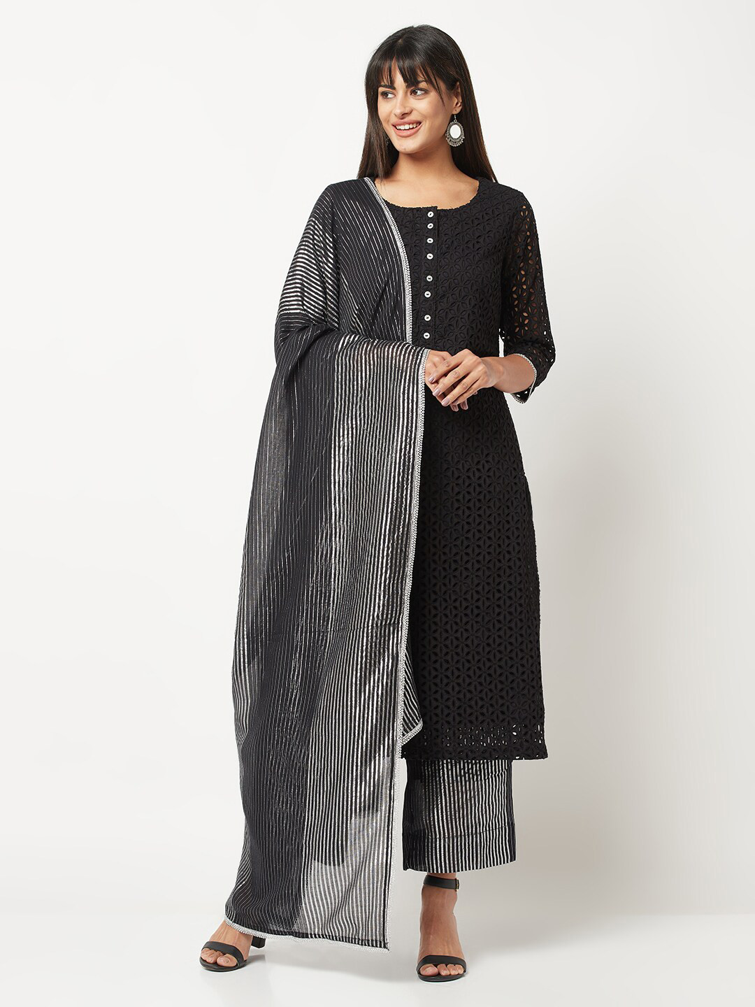 BARARA ETHNIC Self Design Schiffli Pure Cotton Kurta With Palazzos & Dupatta