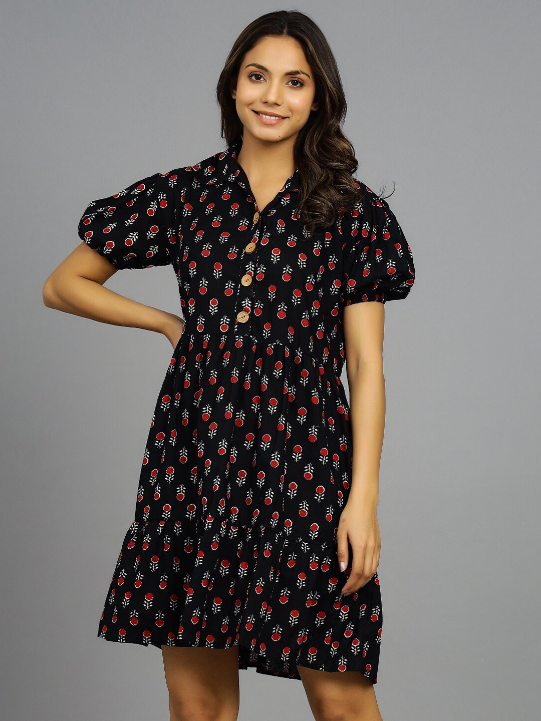 HANDICRAFT PALACE Floral Collared Puff Sleeve A-Line Dress