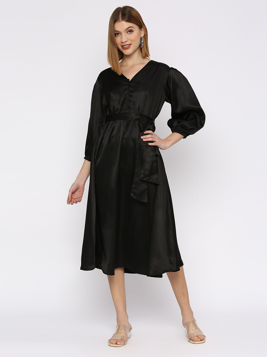 Smarty Pants V-Neck Puff Sleeve Belted Satin Midi Dress