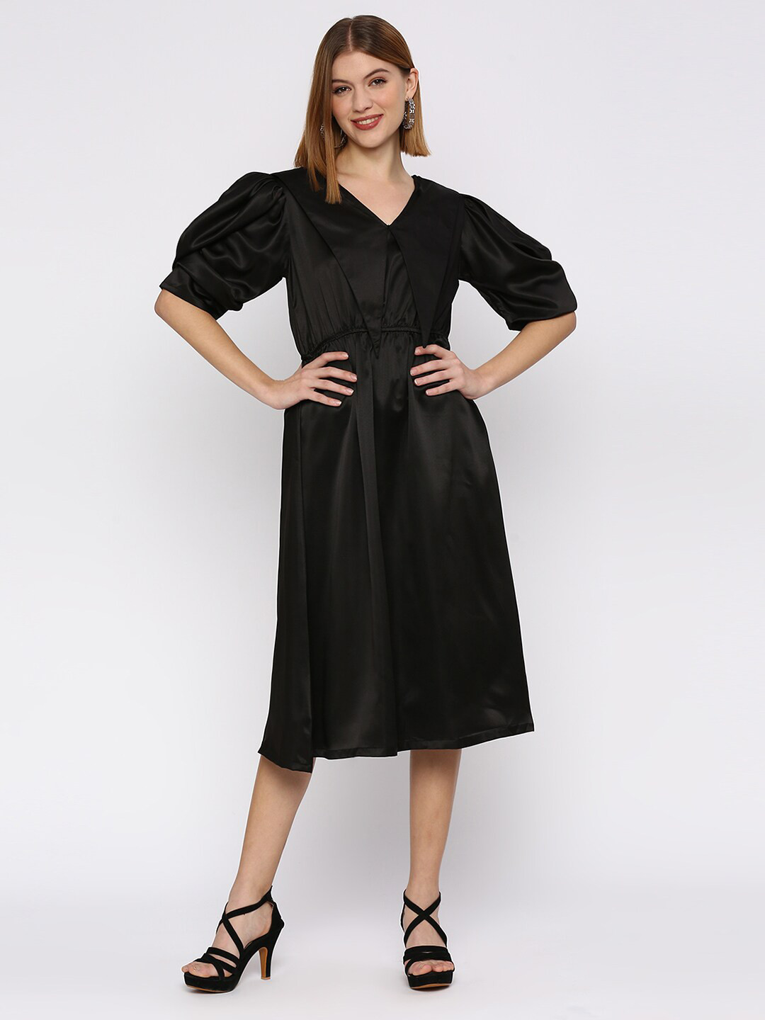 Smarty Pants Lapel Collar Puff Sleeve Satin Midi Dress