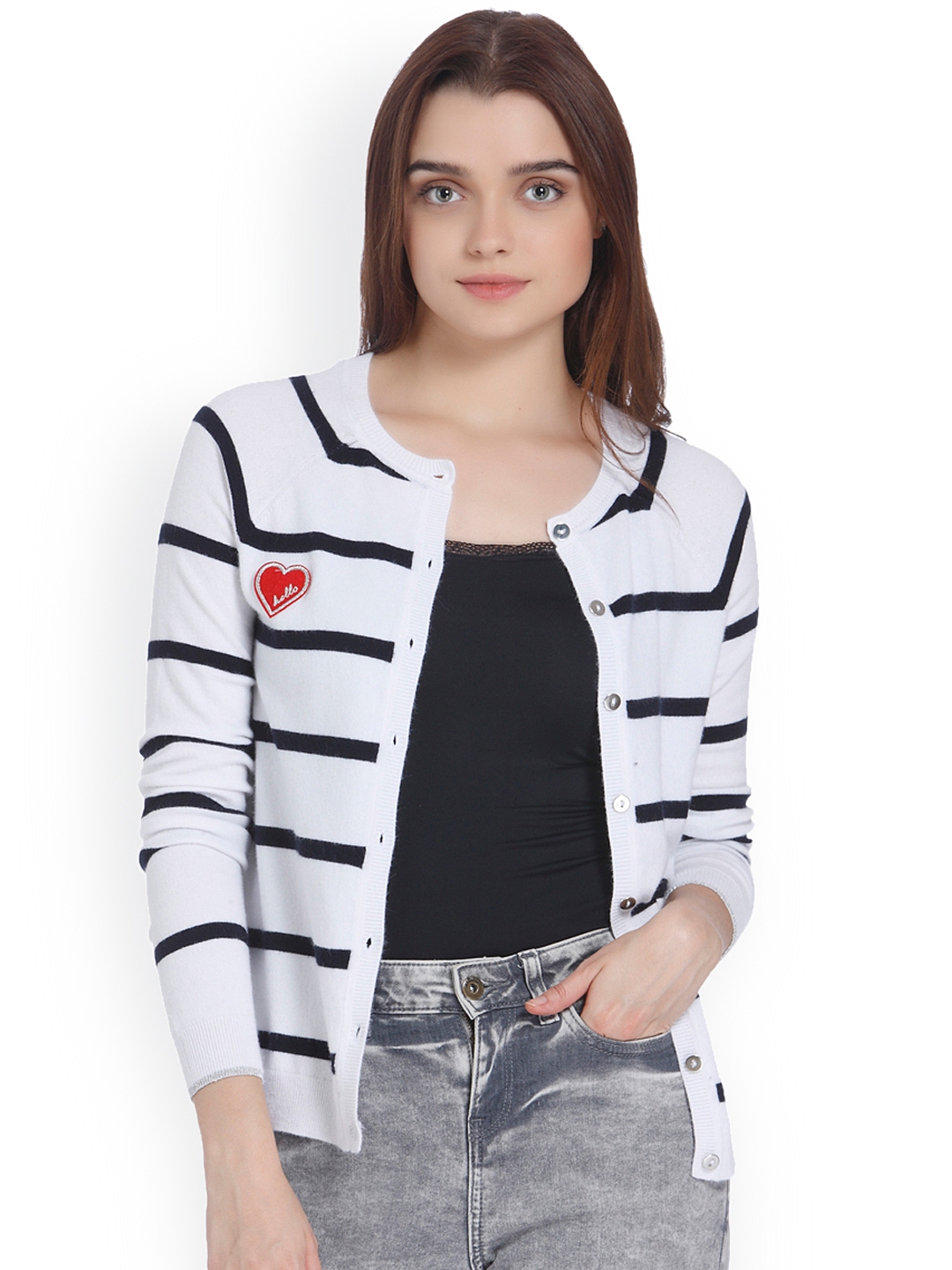 Vero Moda Women White & Navy Blue Striped Cardigan Sweater