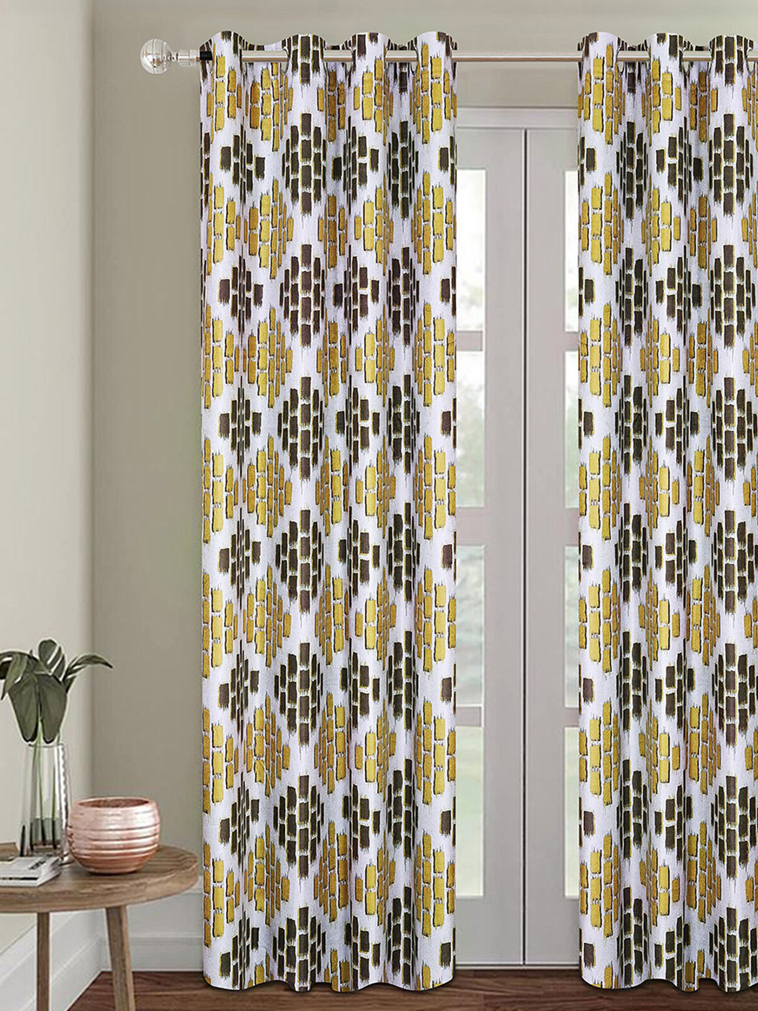 ROMEE Silver-Toned & Mustard Geometric Room Darkening Door Curtain
