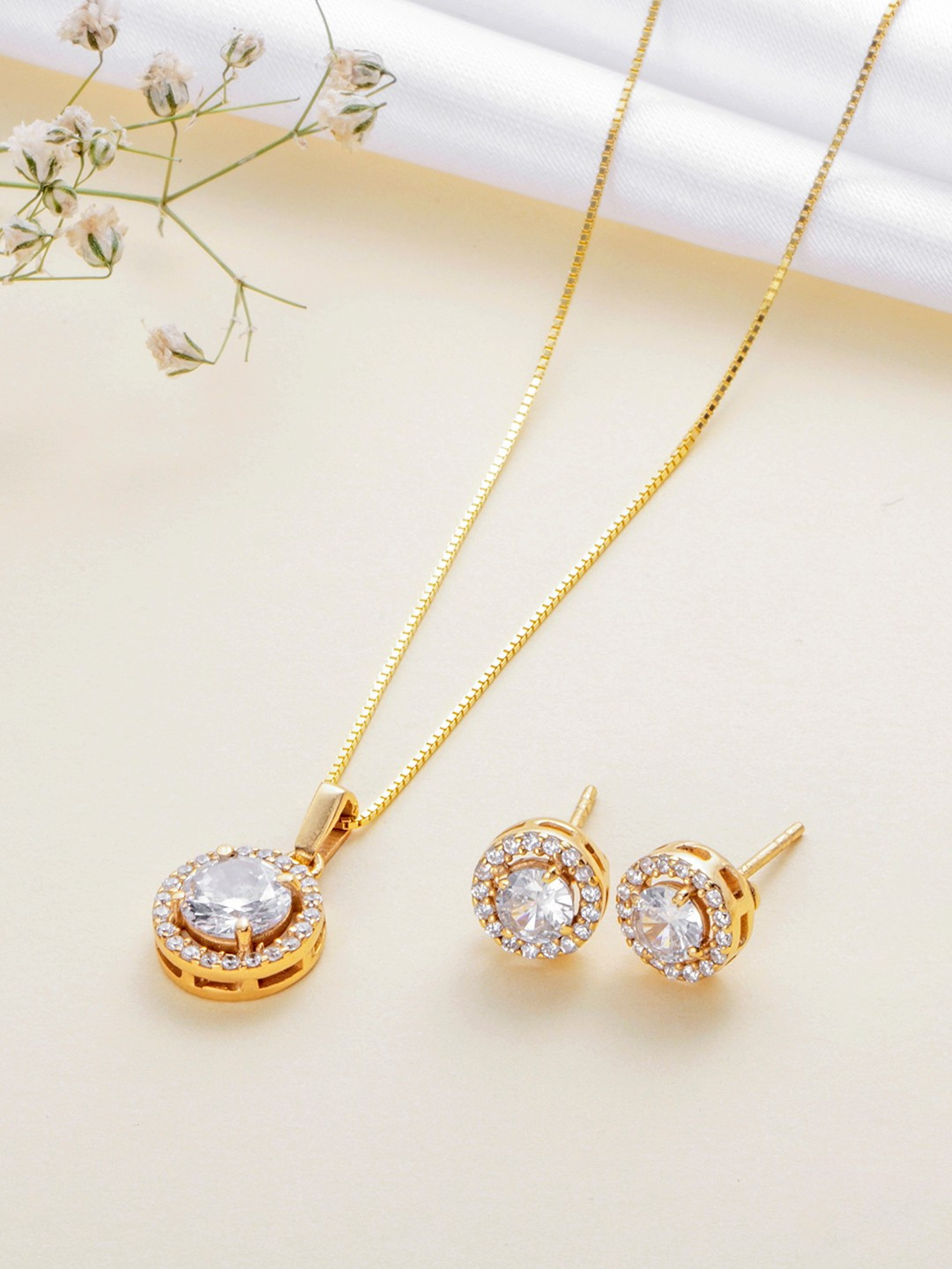 Zavya 92.5 Sterling Silver Gold-Plated CZ-Studded Necklace & Earrings Set