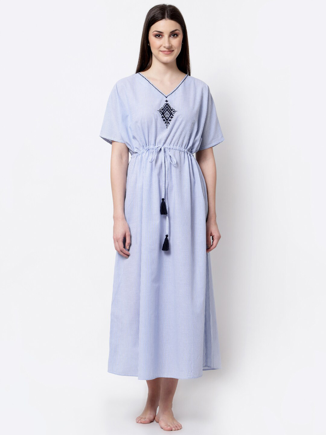 BLANC9 V-Neck Striped Printed Pure Cotton Maxi Nightdress