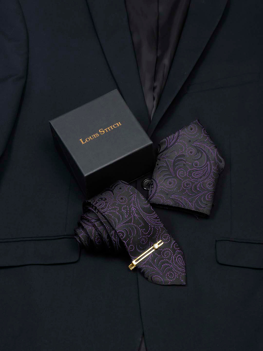 LOUIS STITCH Men Heather Purple Italian Silk Necktie Accessory Gift Set
