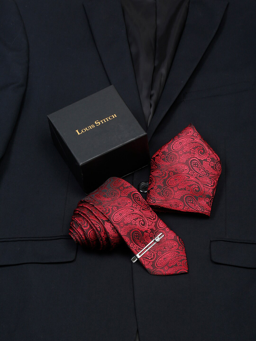 LOUIS STITCH Men Persian Red Italian Silk Necktie Accessory Gift Set