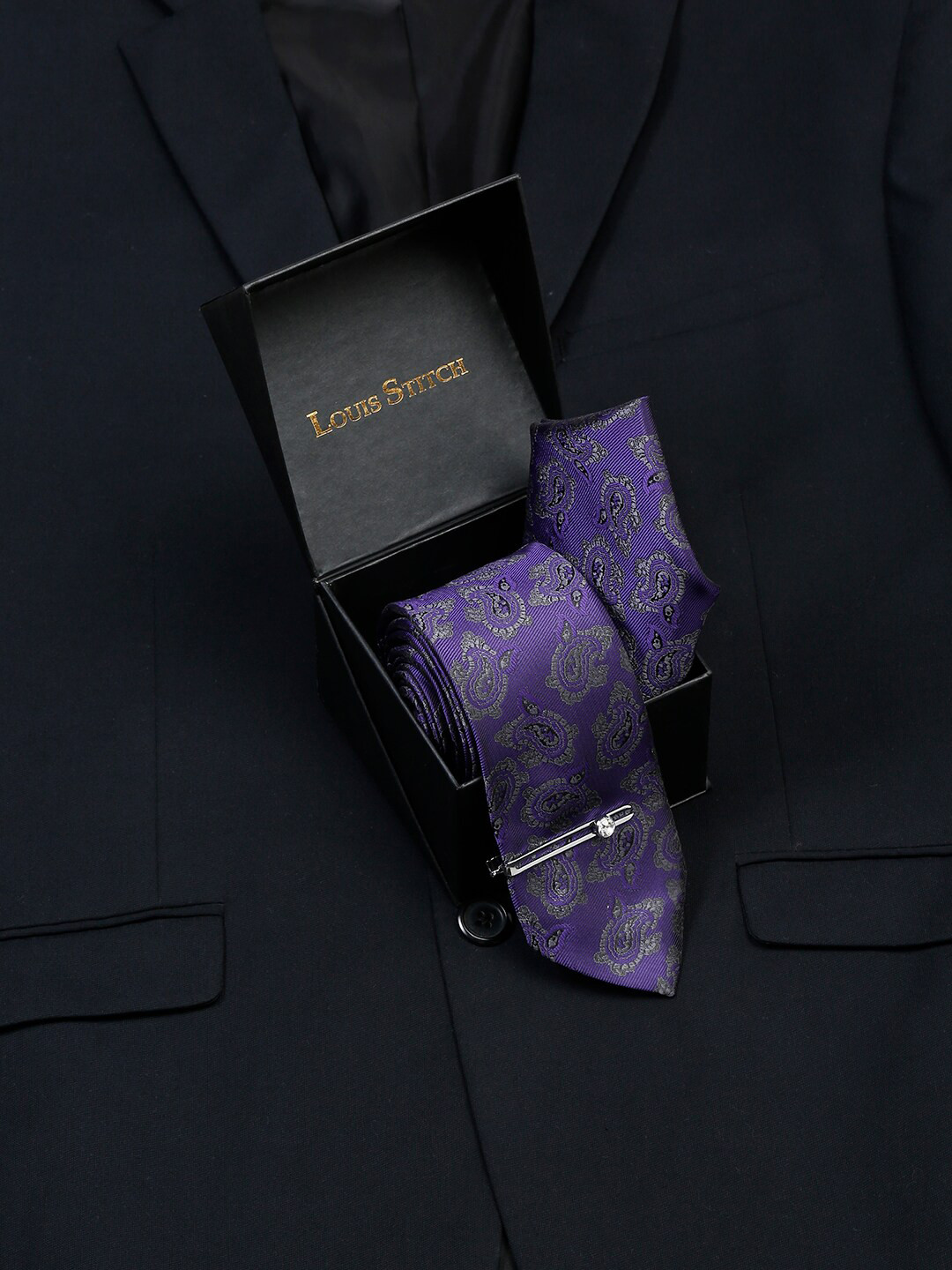 LOUIS STITCH Men Iris Purple Italian Silk Necktie Accessory Gift Set