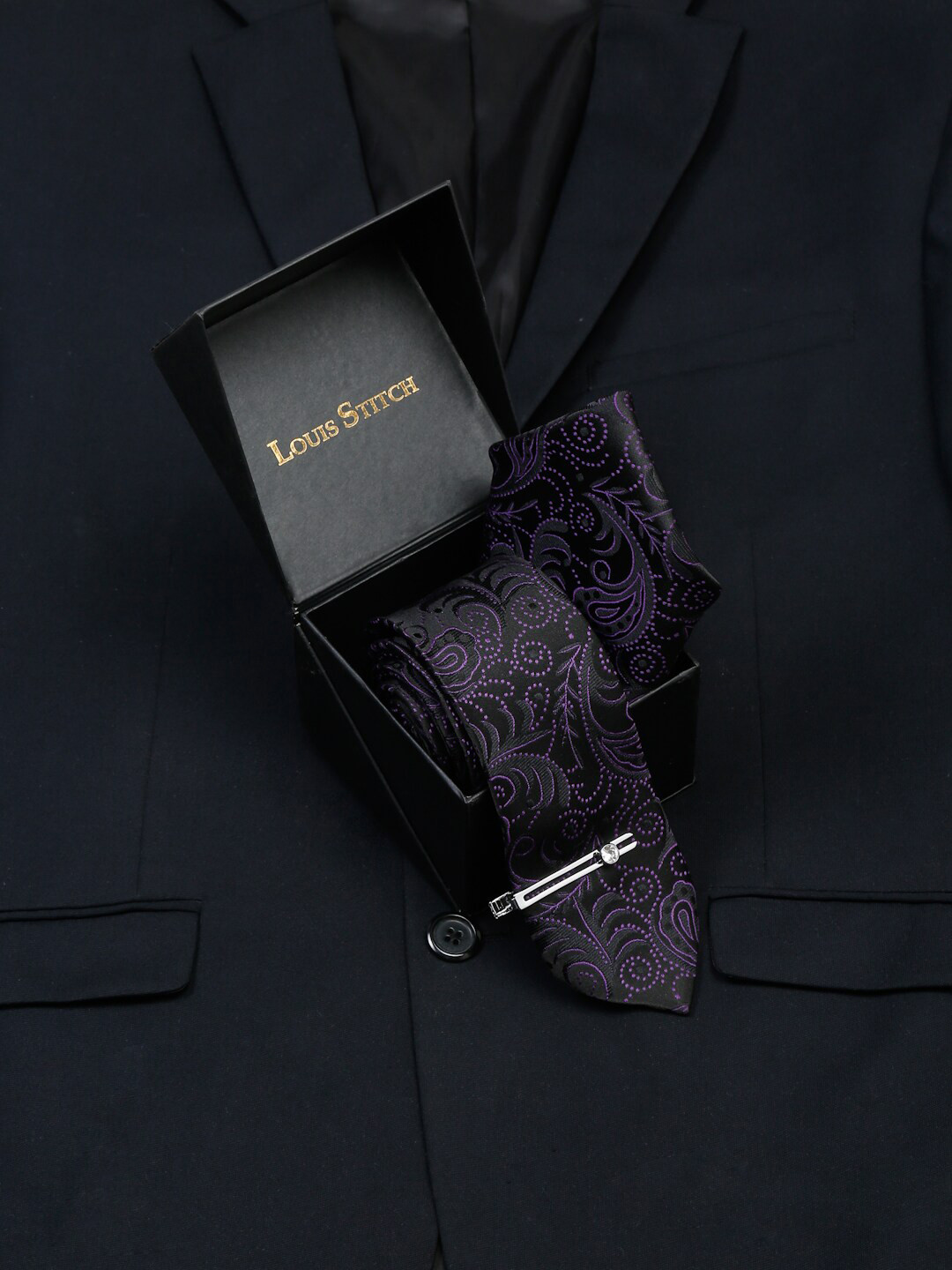 LOUIS STITCH Men Heather Purple Italian Silk Necktie Accessory Gift Set