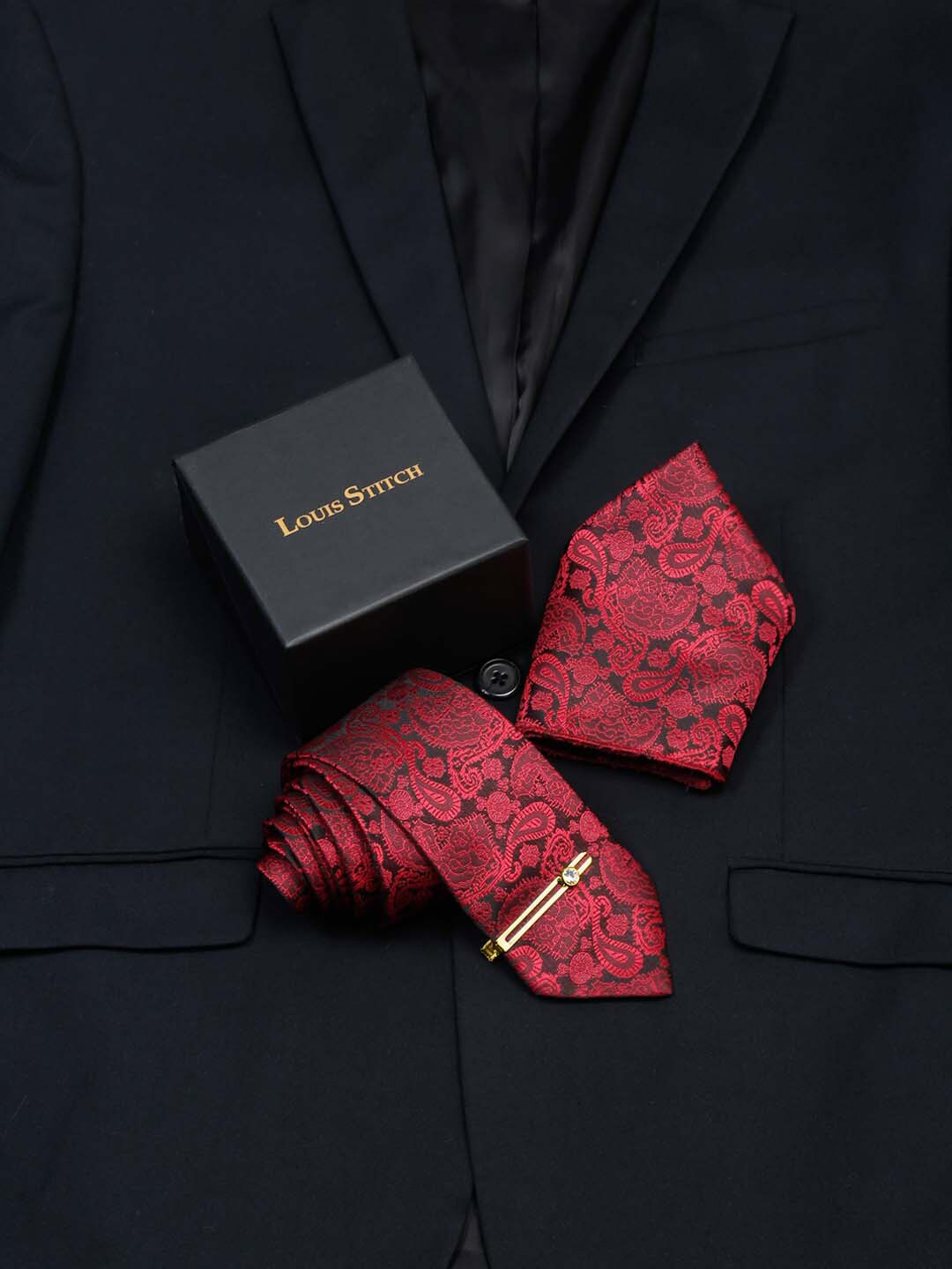 LOUIS STITCH Men Crimson Red Italian Silk Necktie Accessory Gift Set