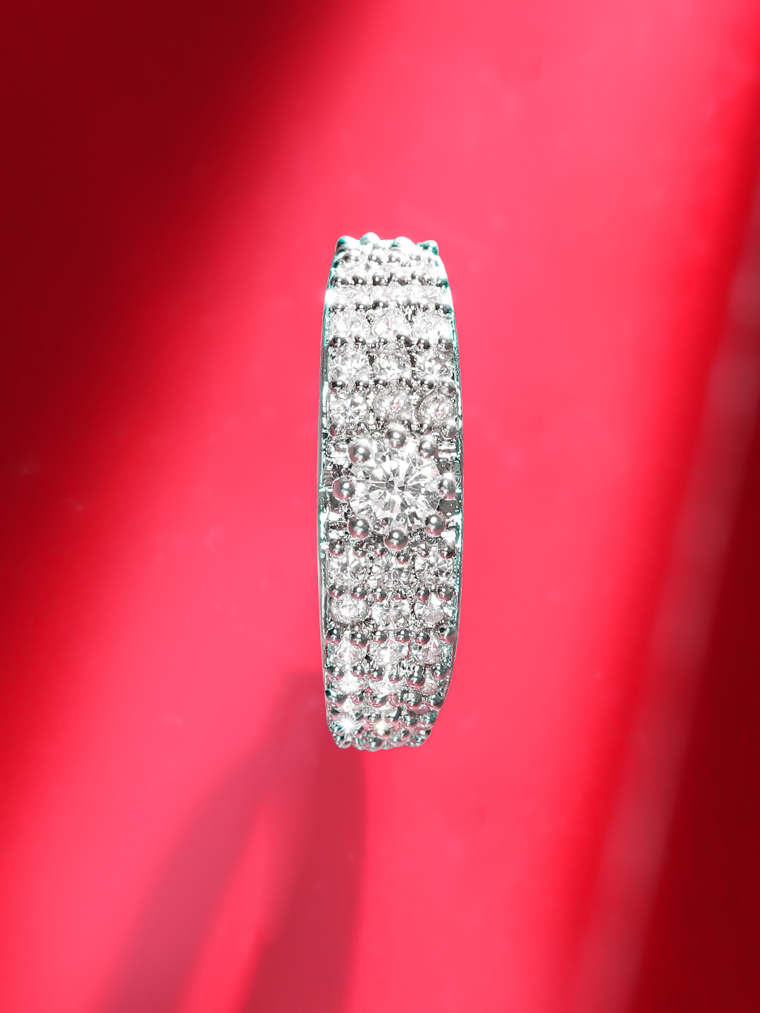 Rubans Rhodium-Plated White Cubic Zirconia Studded Multi-Row Classic Band Ring