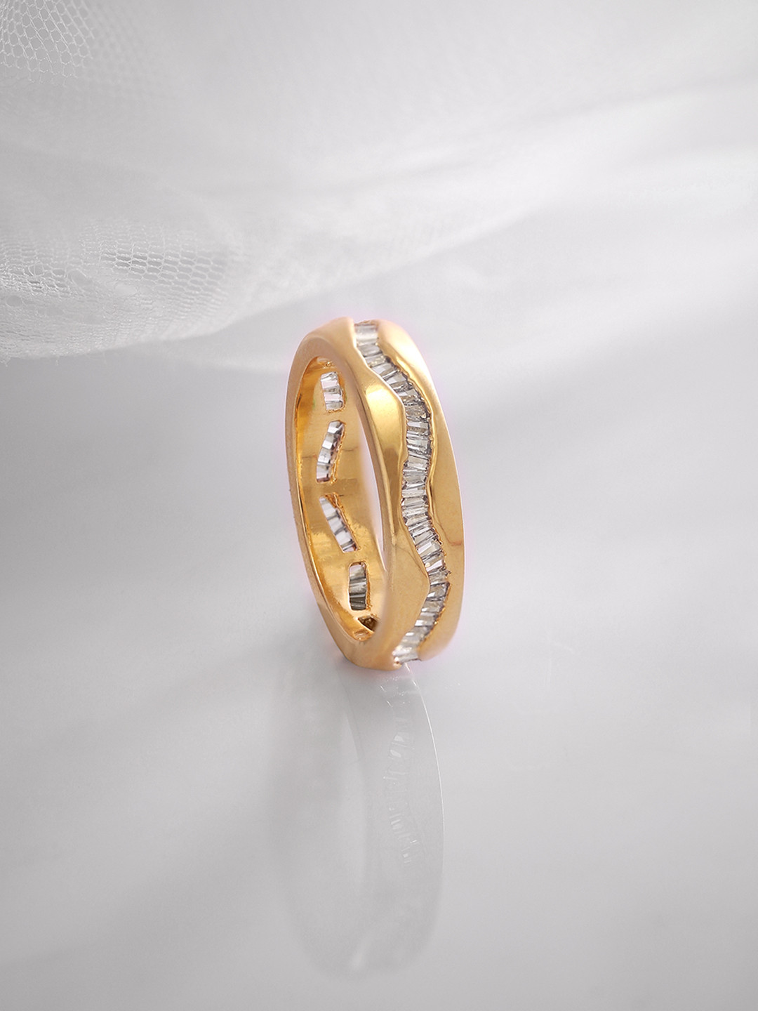 Rubans 18K Gold-Plated White Baguette Cubic Zirconia Studded Wave Design Band Ring