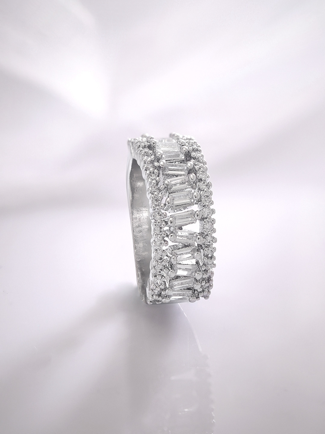 Rubans Silver-Plated Cubic Zirconia Baguette & Round Studded Statement Ring