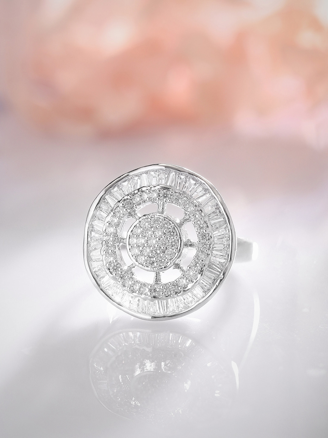 Rubans Rhodium-Plated White Cubic Zirconia Studded Circular Statement Cocktail Ring