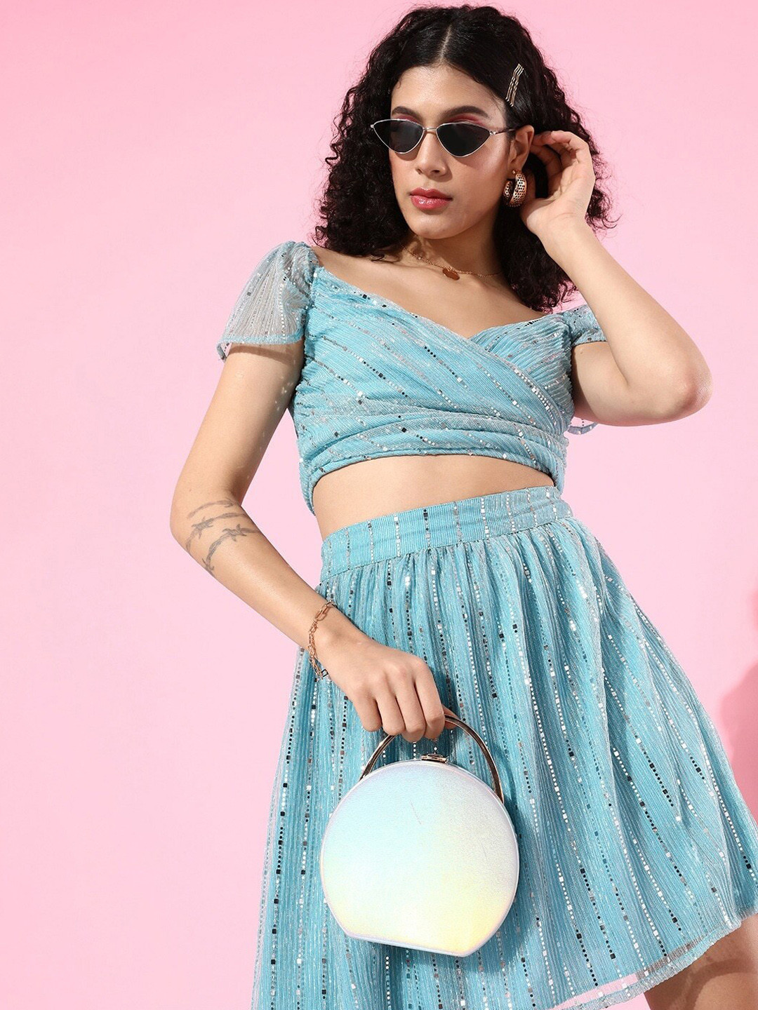 Sera Self Design Off Shoulder Neck Top With Flared Skirt