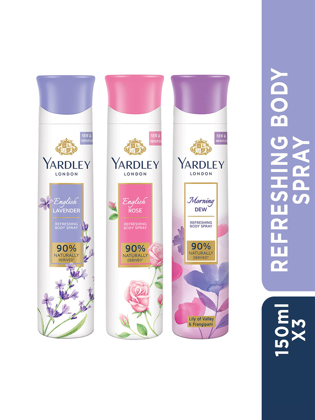 YARDLEY LONDON Set Of 2 Refreshing Body Sprays - English Lavender - English Rose - Morning Dew - 150 ml Each