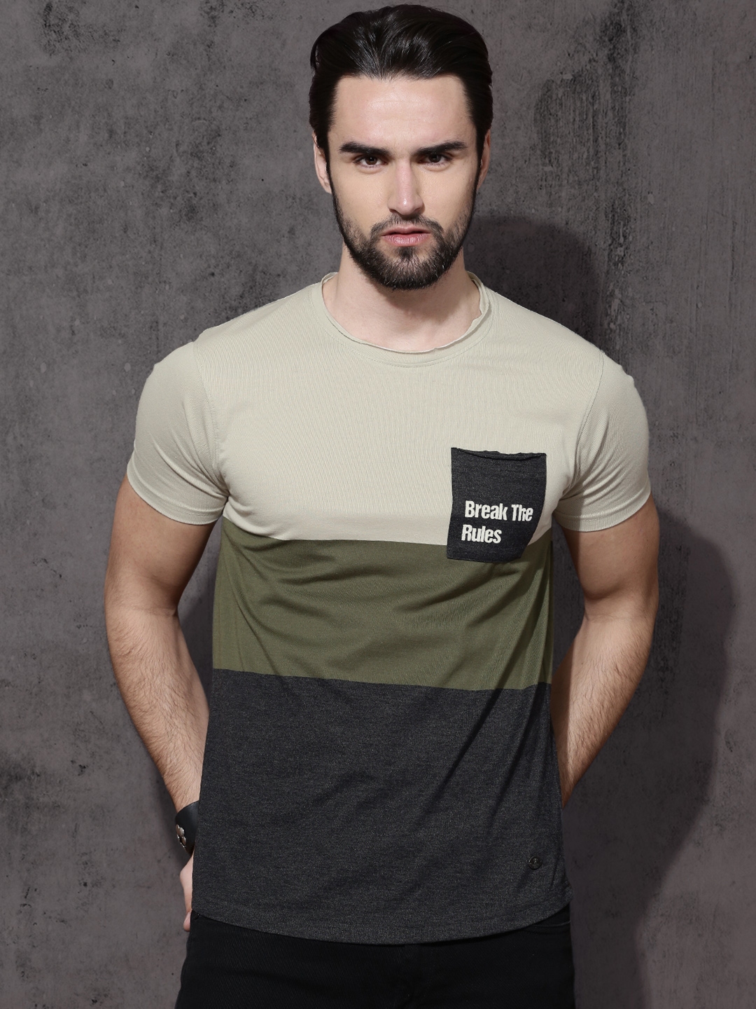 Buy Roadster Men Beige Colourblocked Raw Edge T Shirt - Tshirts ...