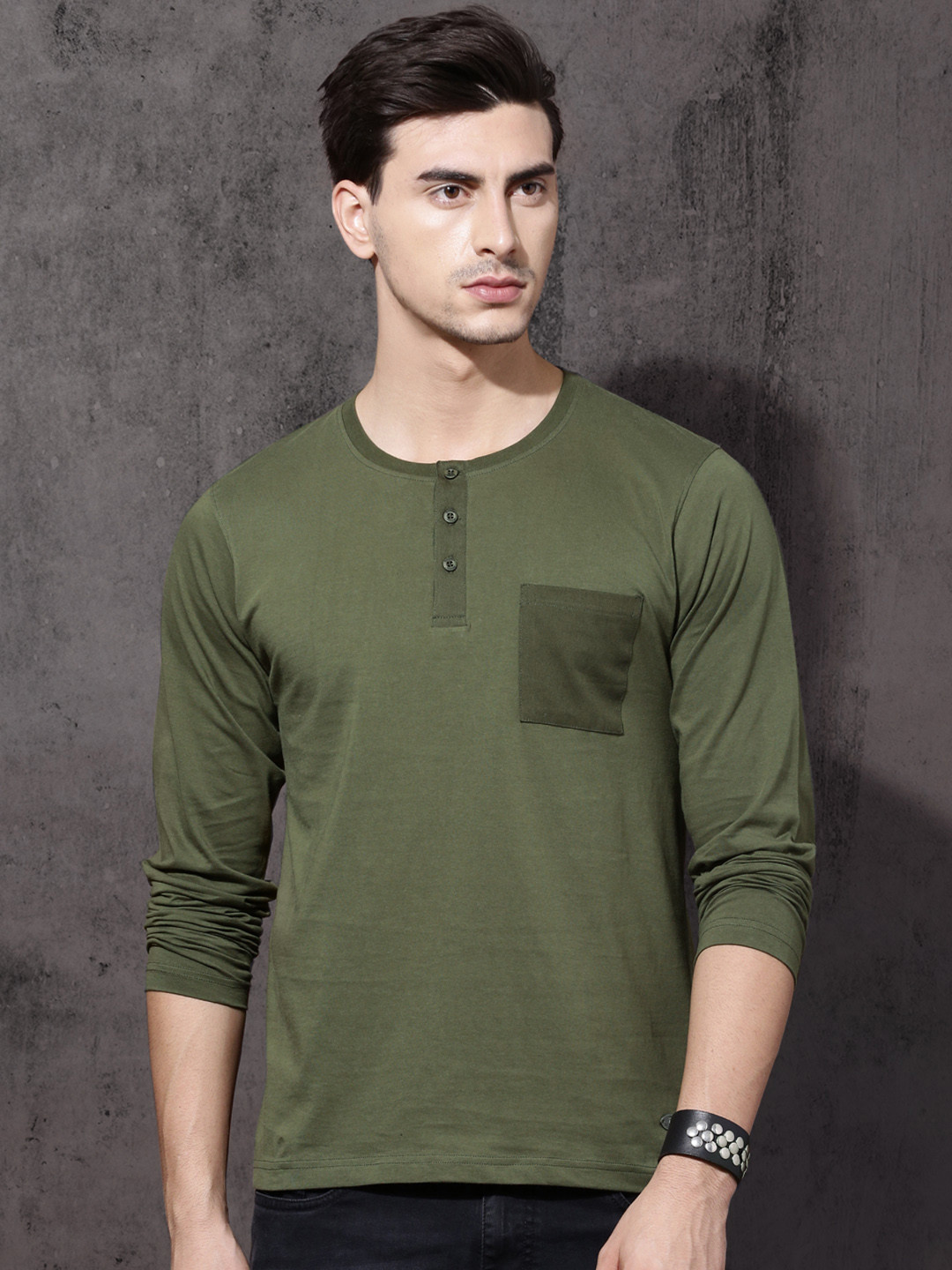 Buy Roadster Men Olive Green Solid 