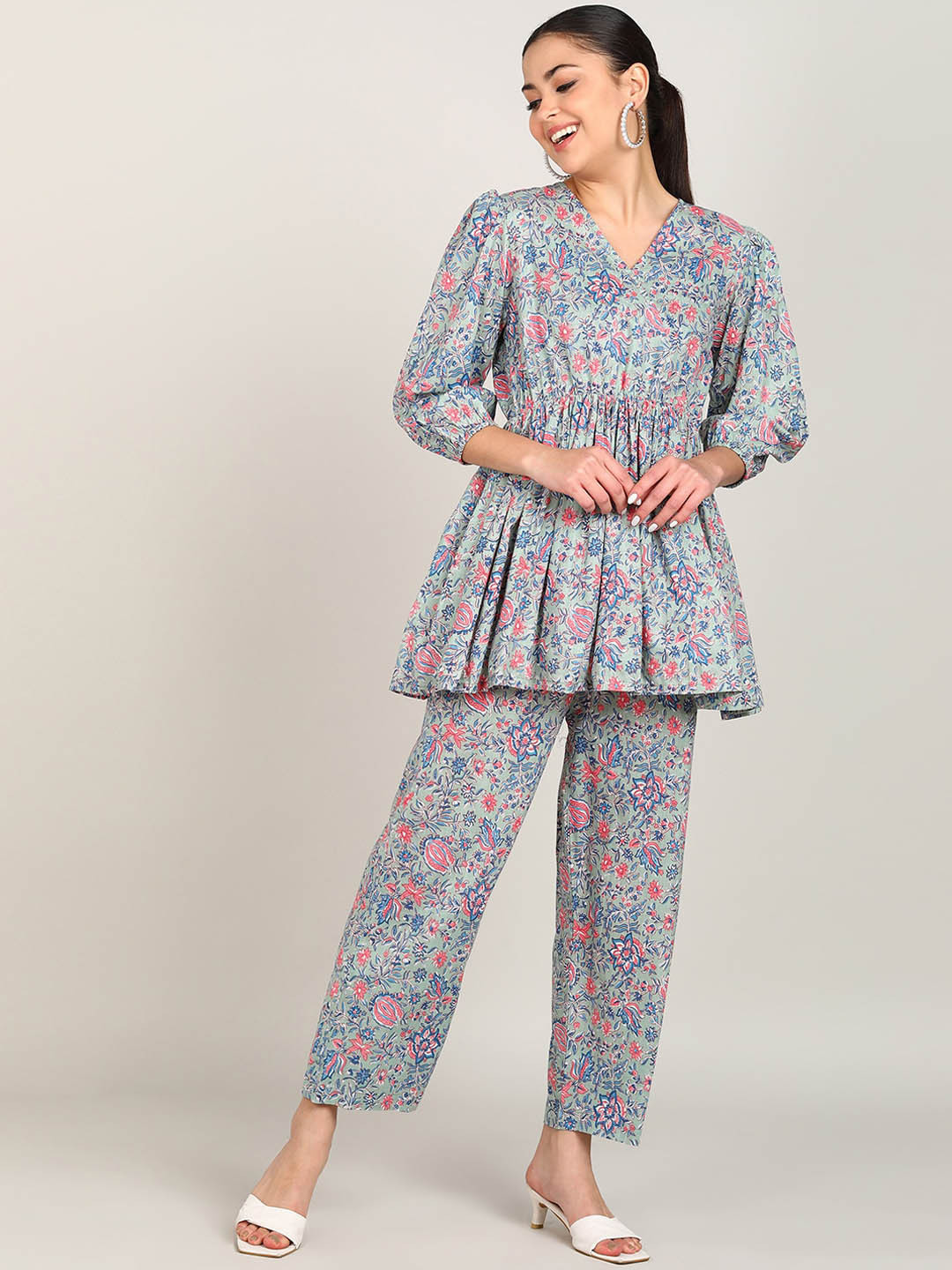 VAHSON Women Printed Pure Cotton Top & Trousers Co-Ords Set