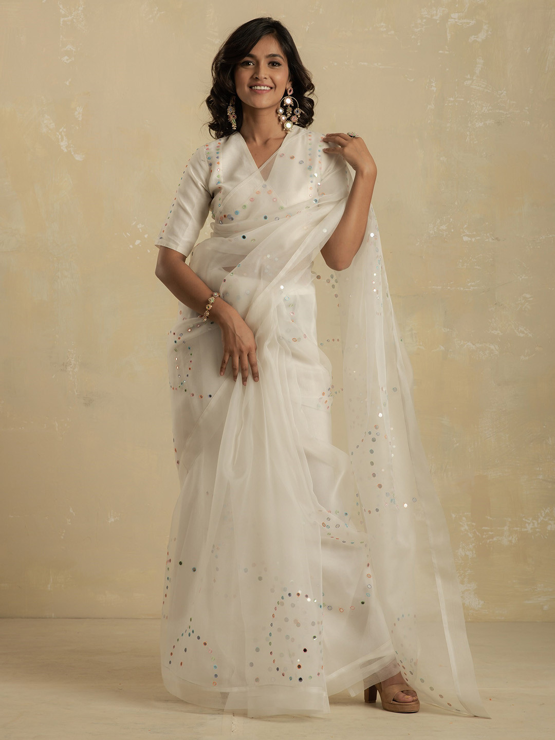 charkhee Embellished Organza Saree With Stitched Blouse