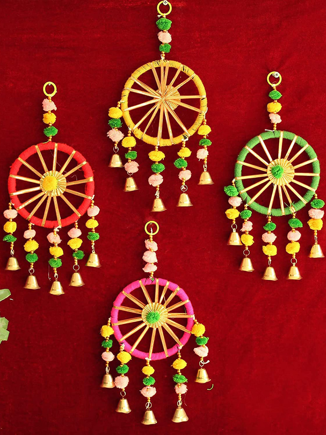 BS AMOR Red & Green 4 Pieces Chakri Shaped Wall Hangings with Bells