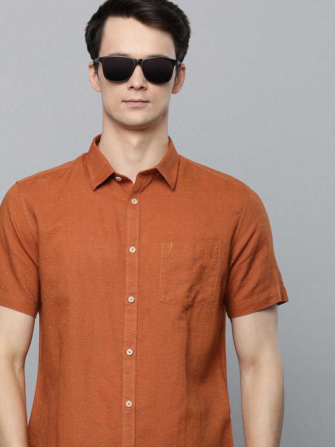 Indian Terrain Men Orange Chiseled Slim Fit Opaque Printed Casual Shirt