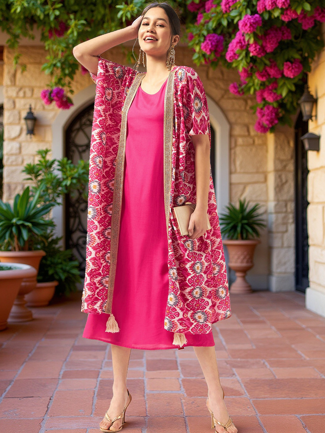 Pannkh Women Ikat Printed Open Front Shrug With Embellished