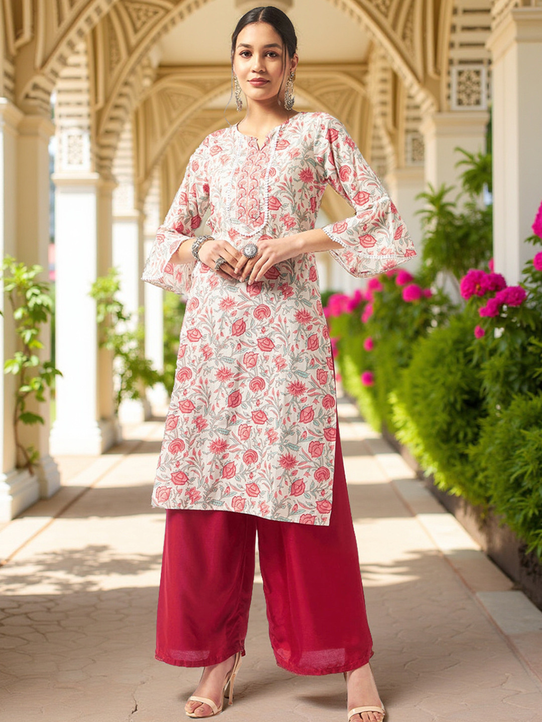 Pannkh Floral Printed Roun Neck Bell Sleeves Pure Cotton Kurta