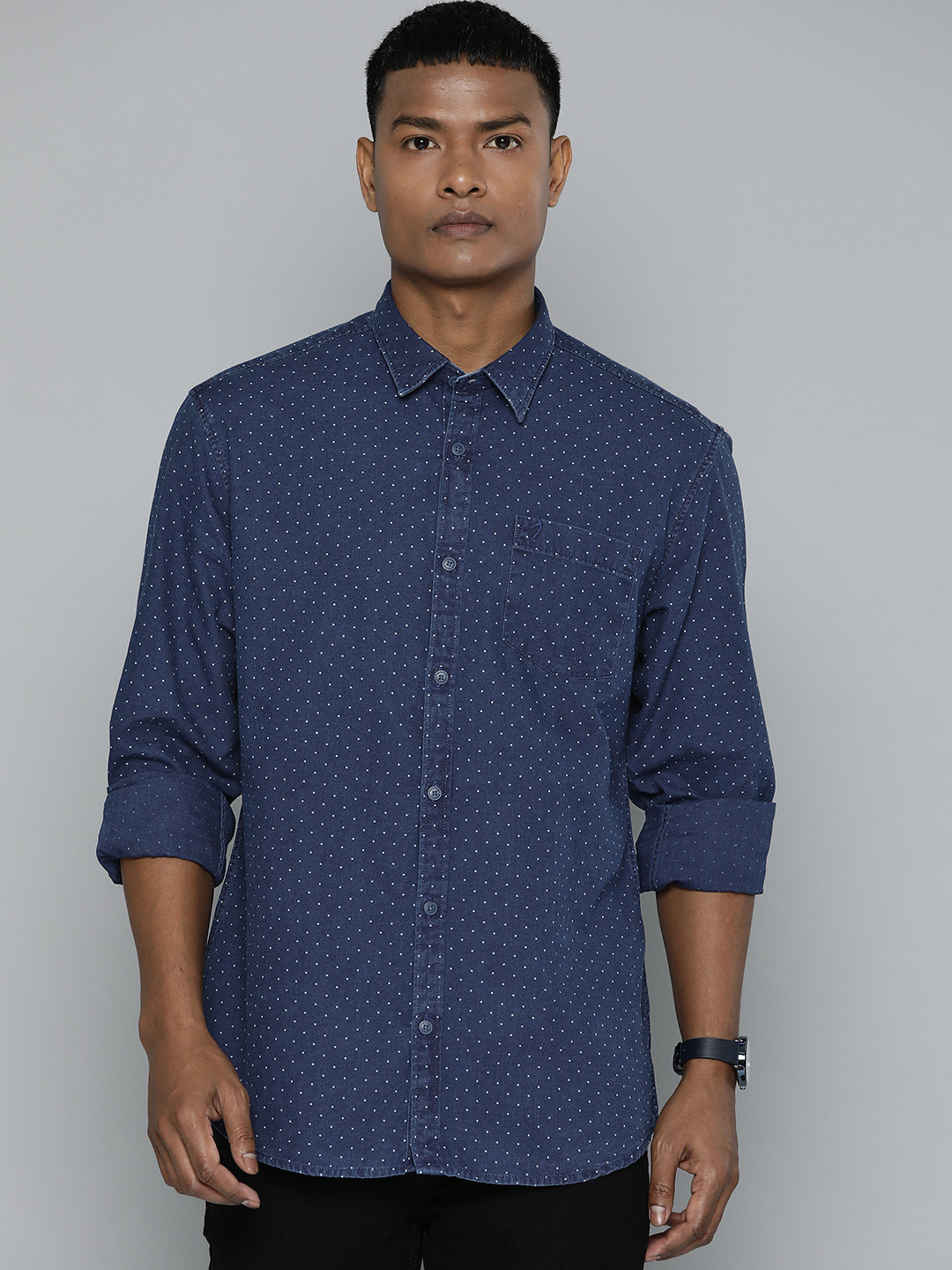 Indian Terrain Men Pure Cotton Vintage Indigo Slim Fit Printed Casual Shirt