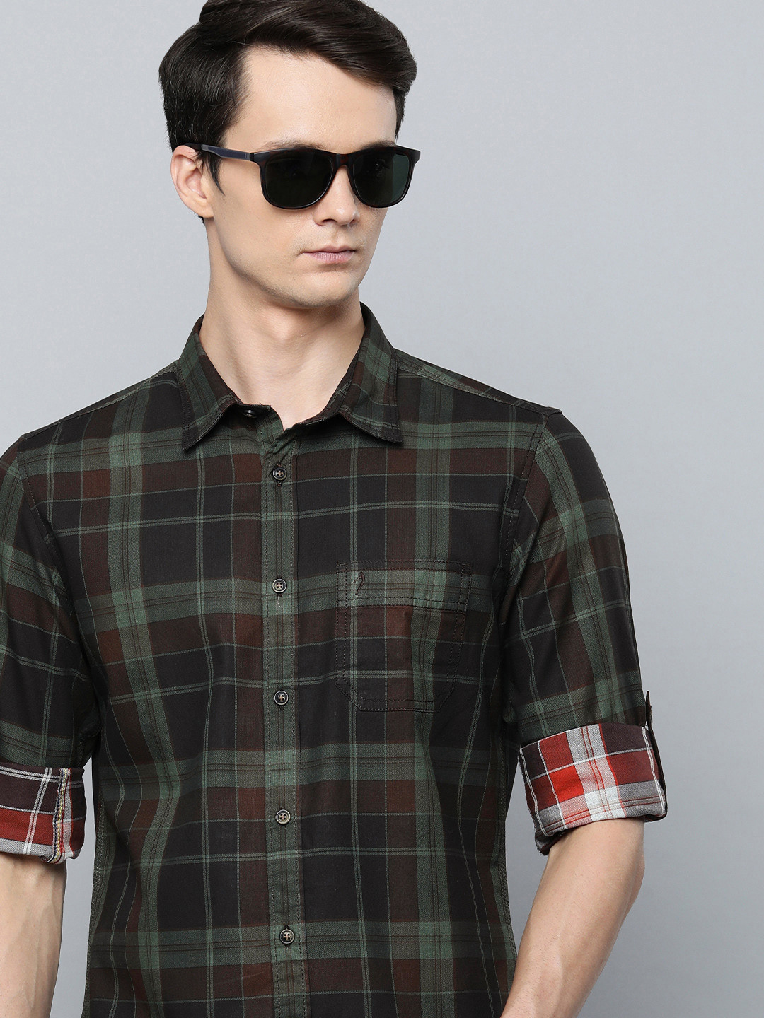 Indian Terrain Men Green Chiseled Slim Fit Tartan Checks Opaque Checked Casual Shirt