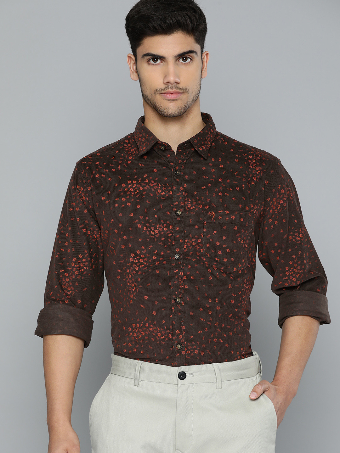 Indian Terrain Men Corduroy Slim Fit Floral Printed Semiformal Shirt