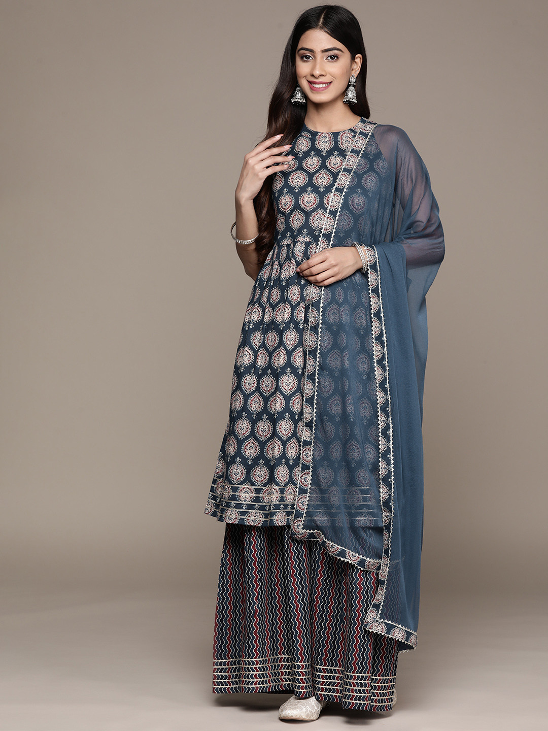 Ishin Women Navy Blue Ethnic Motifs Printed Pure Cotton Kurta with Sharara & With Dupatta