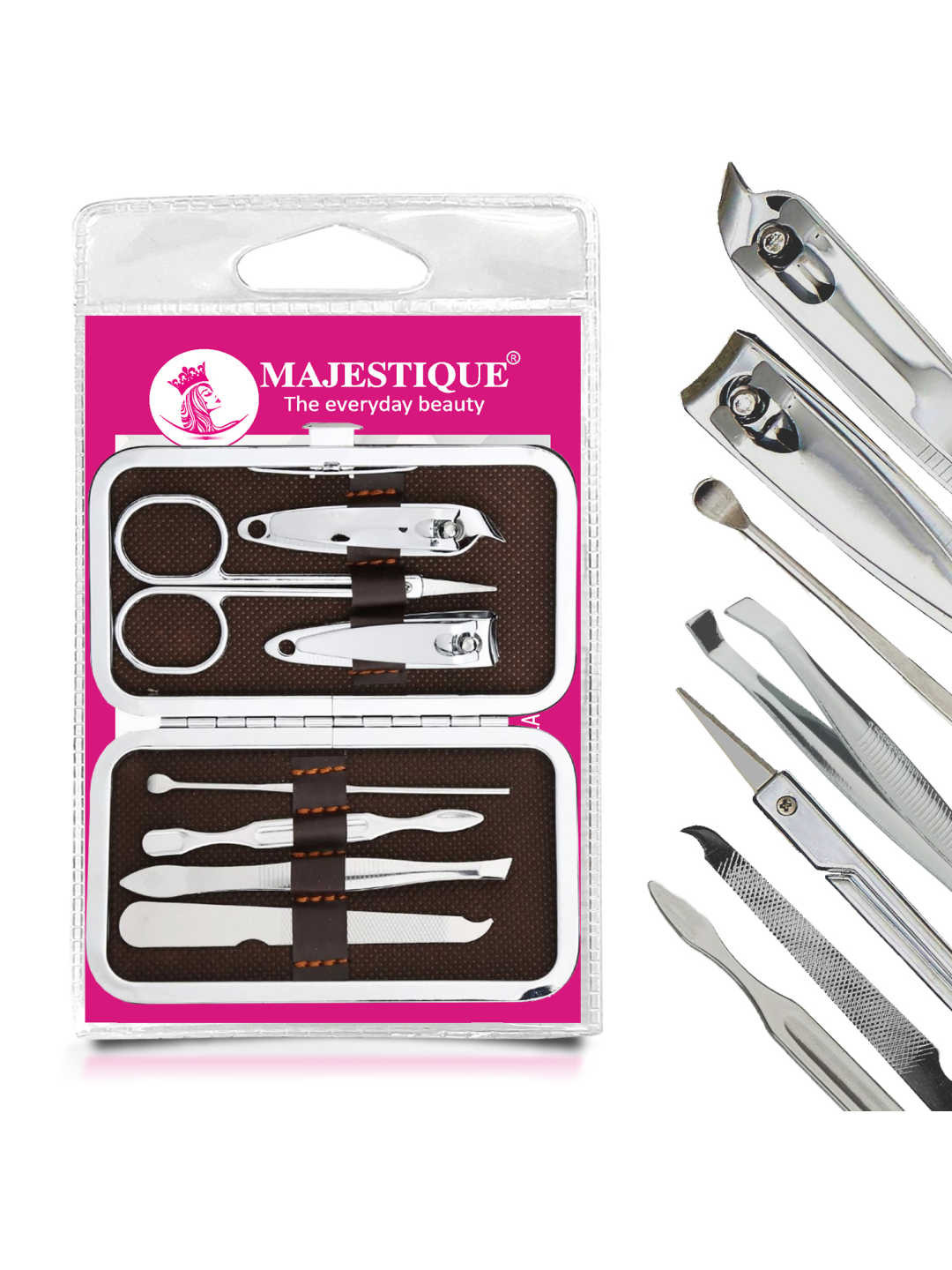 MAJESTIQUE Stainless Steel 7 in 1 Manicure Grooming Set  With Synthetic Leather Case