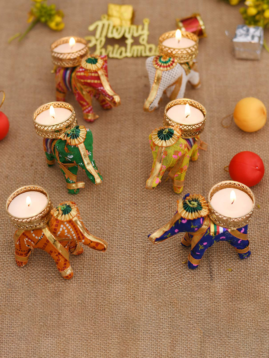 BS AMOR Red & Orange 6 Pieces Elephant Shaped Tealight Candle Holders