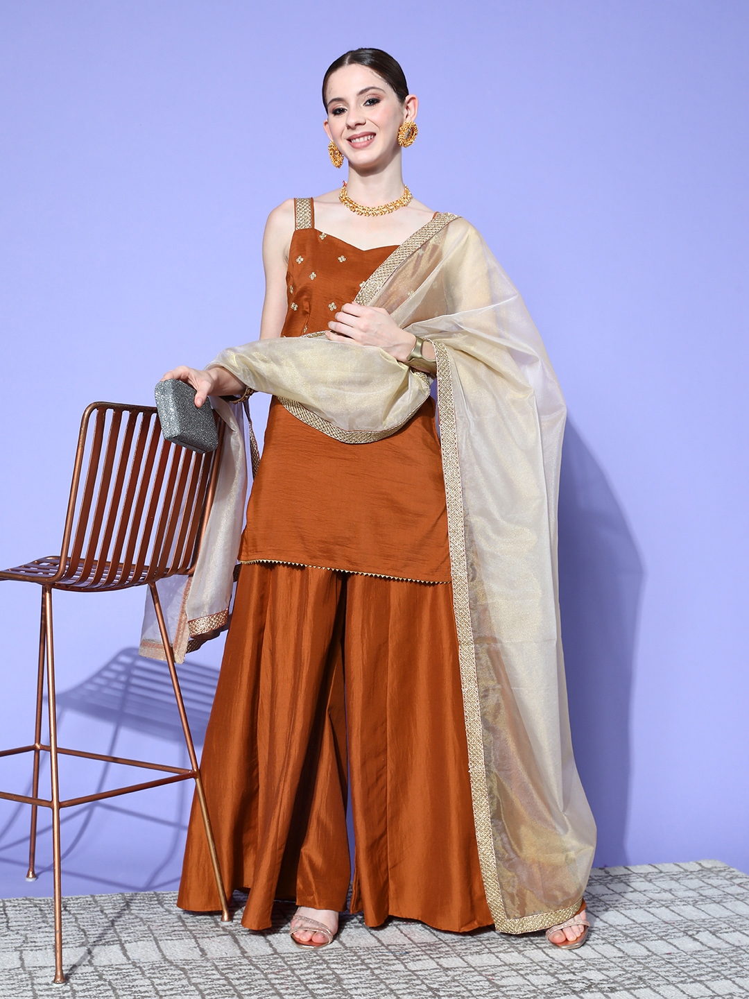 Inddus Women Rust Ethnic Motifs Embroidered Regular Kurta With Palazzos & With Dupatta - Kurta Sets for Women 22158324 | Myntra
