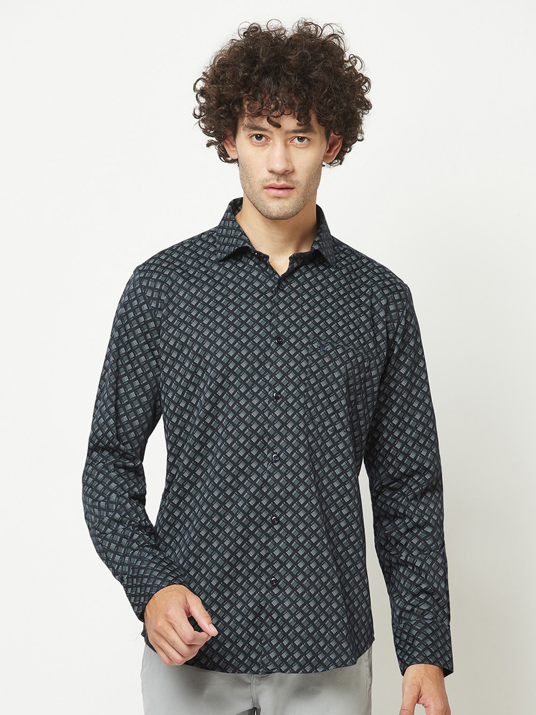 Crimsoune Club Plus Size Geometric Printed Slim Fit Cotton Casual Shirt