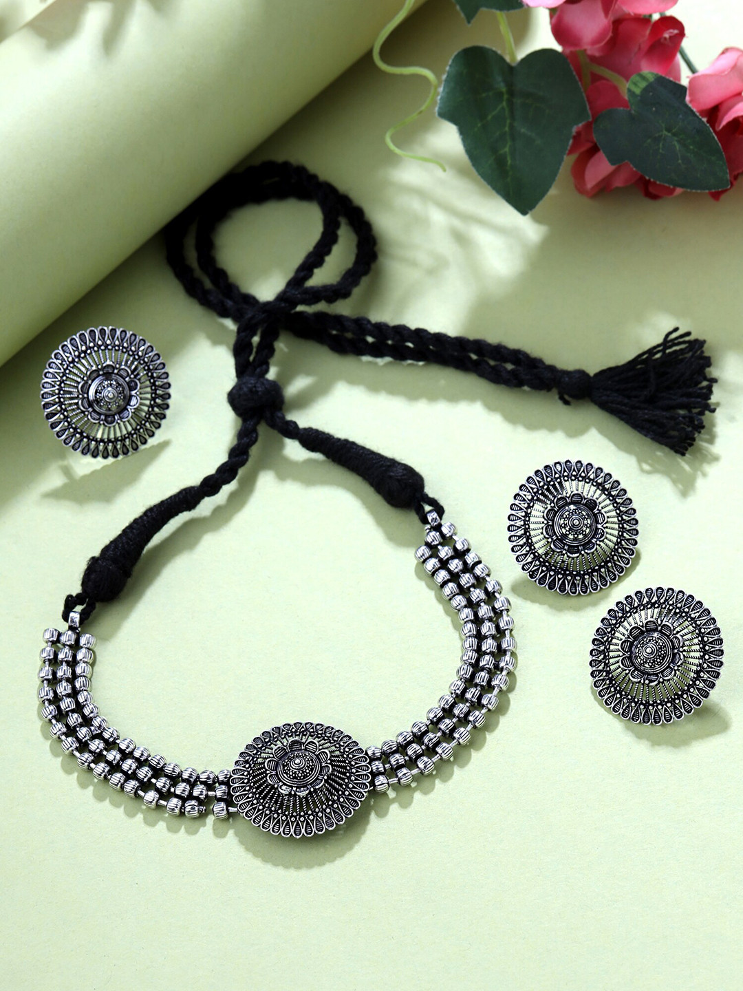 Yellow Chimes Oxidised Silver Round Charm Jewellery Set